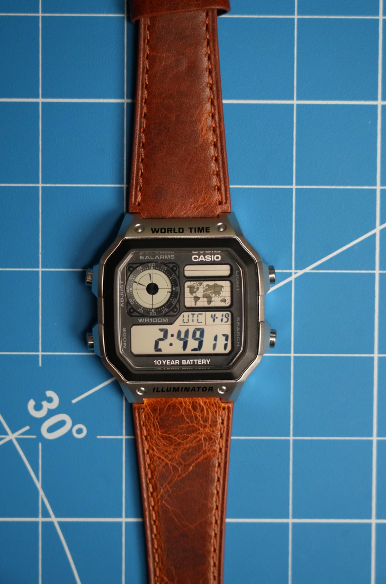 Casio AE-1200 Royale fitted with a saddle brown flared leather strap